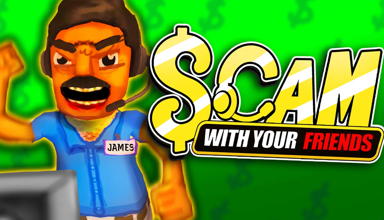 Official Scam With Your Friends title artwork with a headset-wearing character.